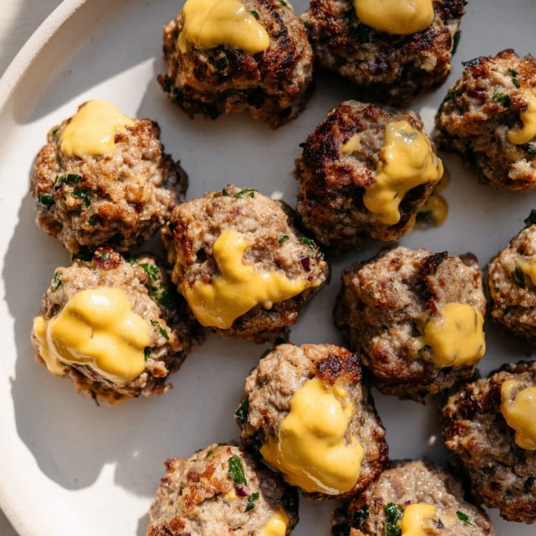 Hearty German meatballs, baked and coated in tangy mustard sauce, with suggested sides of potatoes.