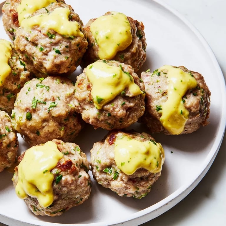 A close-up of tender German meatballs, with a gleaming mustard sauce, perfect for a cozy dinner.