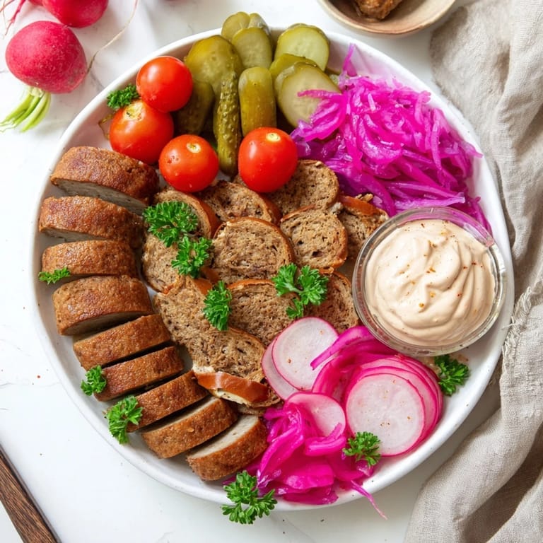 A delicious display of Vegan German Sausage Board ingredients: bratwurst, pickles, and dipping sauces, perfect for sharing.