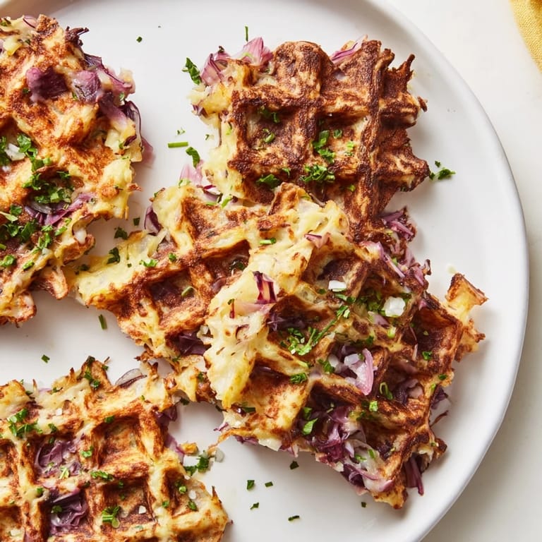 These savory crispy red cabbage waffles boast a delightful texture and aroma, perfect for brunch or dinner.