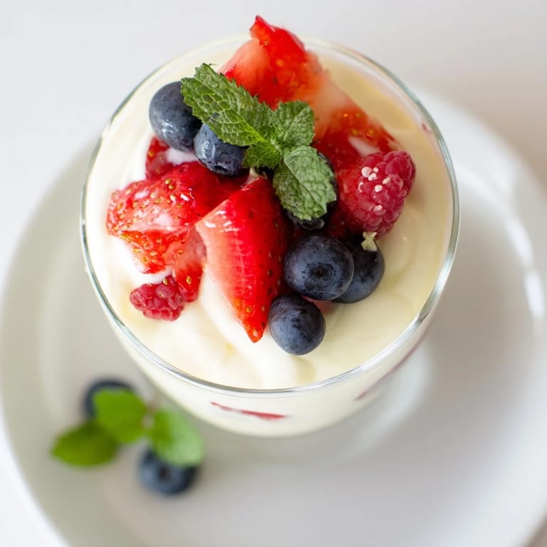Vibrant Berry Bavarian Yogurt Cups, a layered dessert with fresh berries and creamy yogurt.