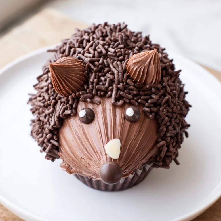 Beautiful Hedgehog Cupcake Tower, a kids' party showstopper with chocolate sprinkles and adorable mini hedgehog faces.