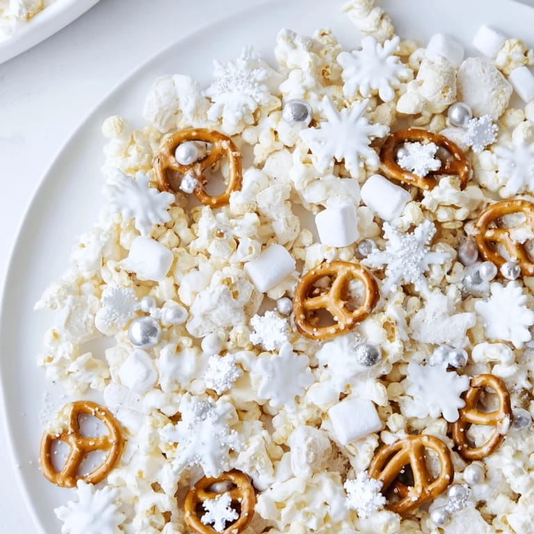 Der Ski Season Snowflake Snack Mix, ideal serviert bei einem gemütlichen Treffen, ist süß und salzig.