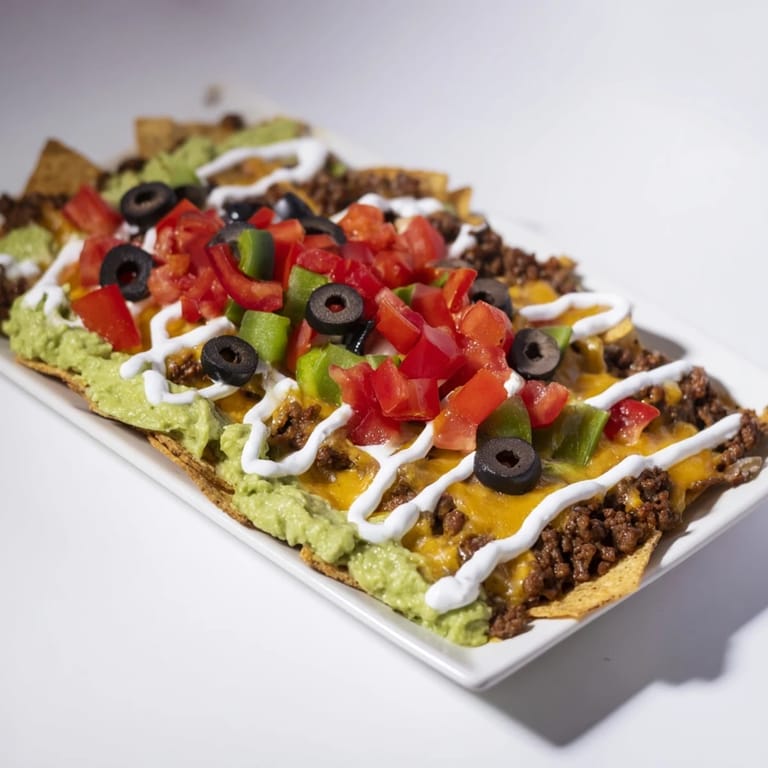 A visually stunning photo of a loaded Soccer Field Nacho Platter, perfect for game day fun.
