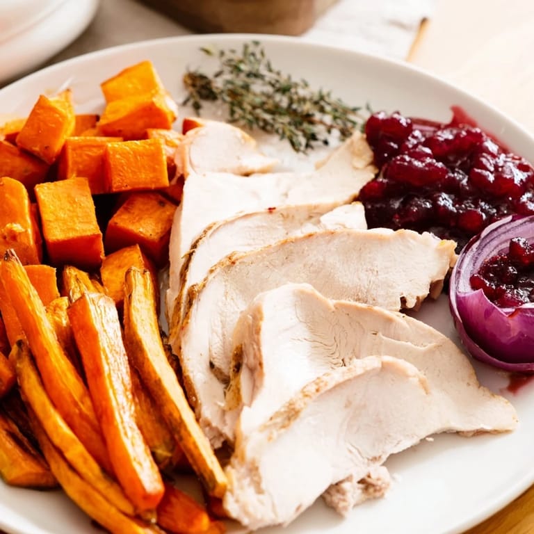 A close-up of a beautifully arranged Harvest Turkey Platter, dripping with cranberry sauce, ready to eat.