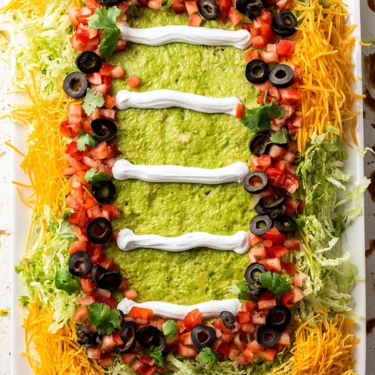 Delicious Football Field Dip displayed with tortilla chips ready for scooping and enjoying at a party.