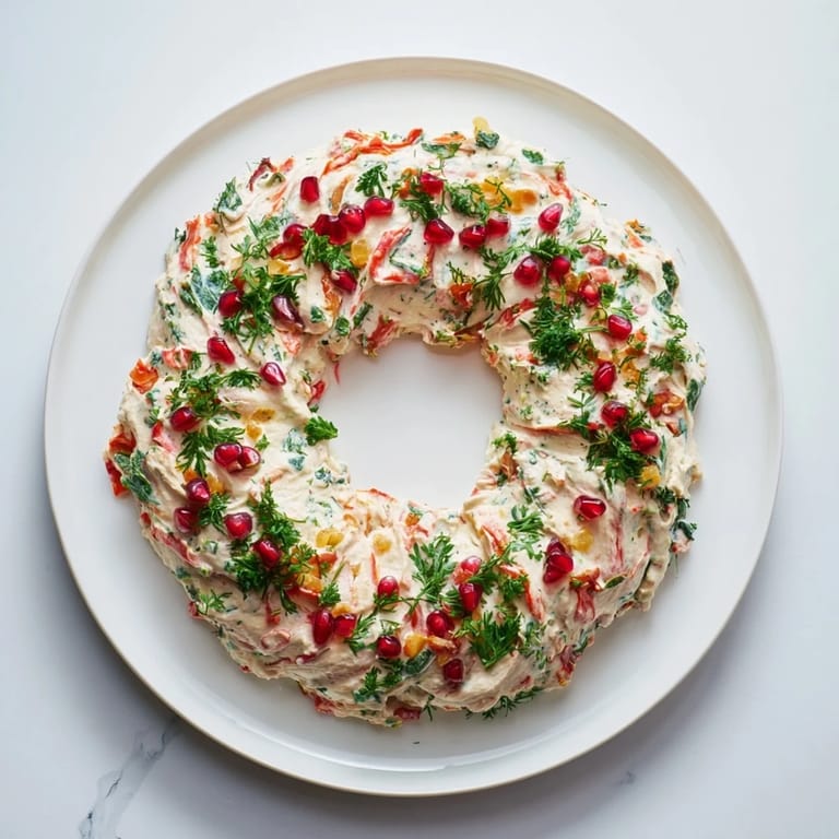 Creamy red pepper and spinach dip wreath, perfect as a vibrant vegetarian appetizer for a party.