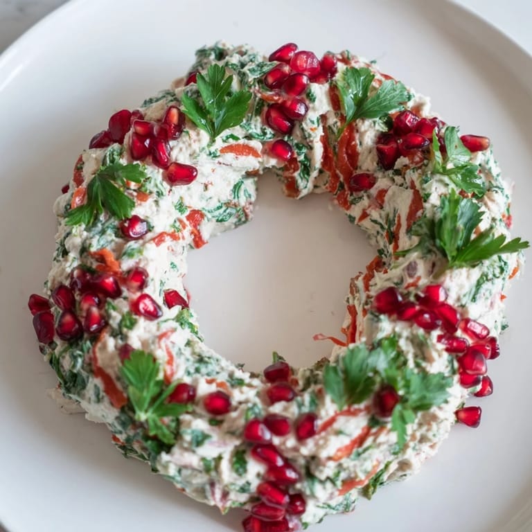 A beautifully arranged red pepper and spinach dip wreath ready to be served with crackers.