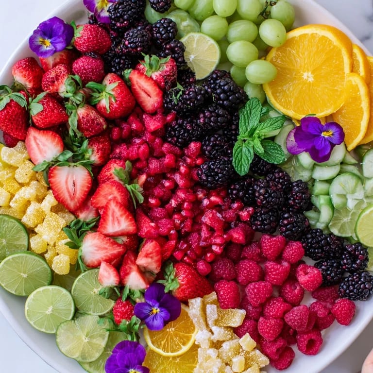 Einladende Nahaufnahme des Bubbly Bar Garnish Platter, mit leuchtenden Früchten und duftenden Kräutern zur Auswahl.