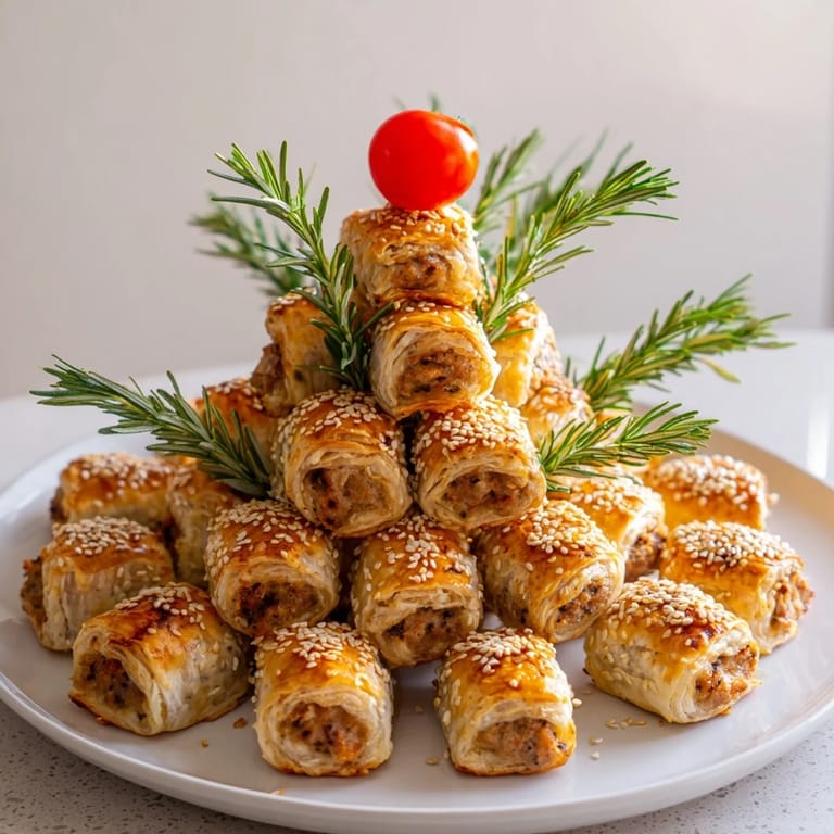 Close-up of baked Savory Bites: Mini Sausage Roll Christmas Tree, arranged as a beautiful, festive Christmas tree.