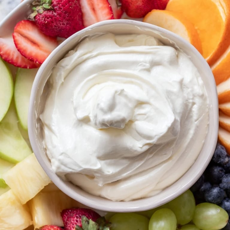 Close-up of a delightful cream cheese fruit dip with a variety of colorful and juicy fruit.