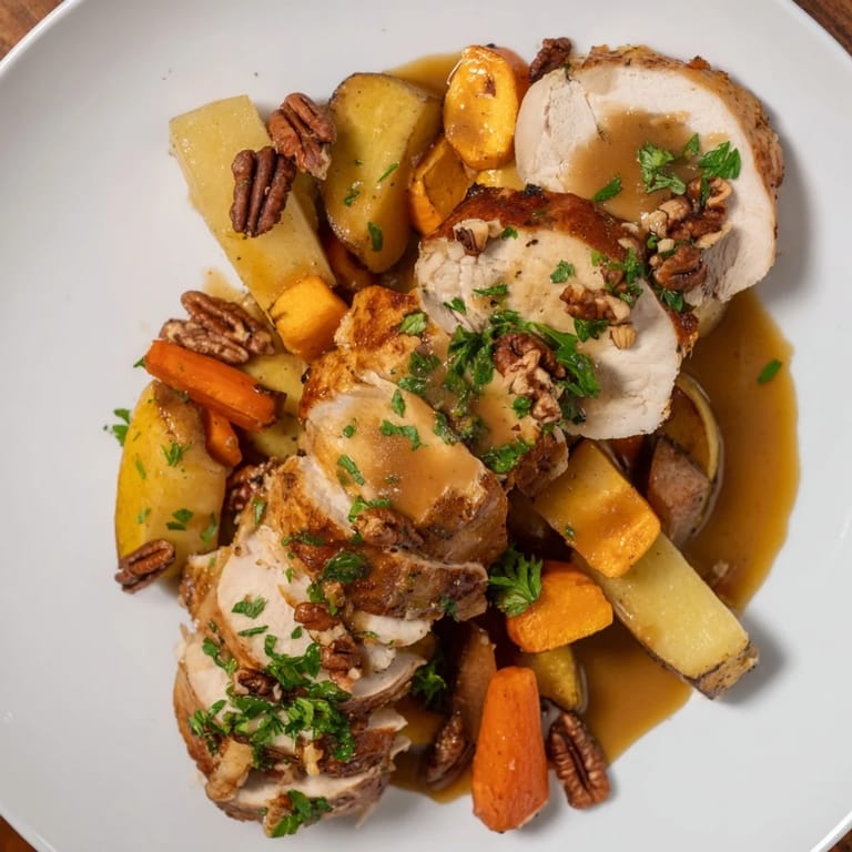 Golden-brown slices of tasty "Chains of the Mayflower" turkey nestled with roasted root vegetables.