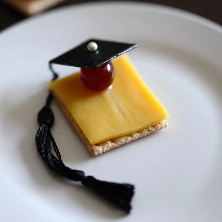 Close-up of a perfectly assembled Graduation Cap Snack, cheese squares and dried fruit tassels, perfect party appetizer.