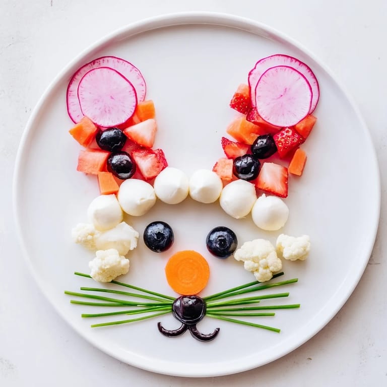Easter-themed The Bunny Silhouette appetizer, featuring a playful design of fresh pink fruits and vegetables for spring.