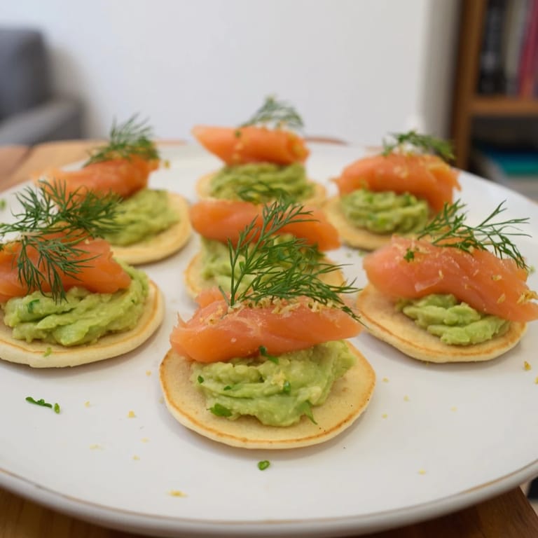 Golden-brown quark blinis with smoked salmon, an avocado cream, and zesty lemon zest arranged beautifully.