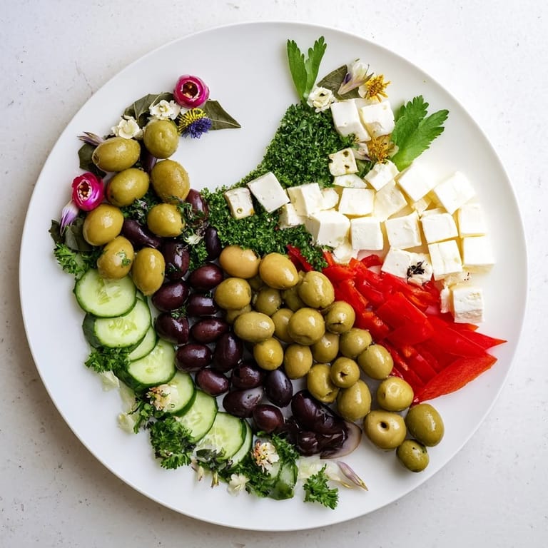 This Colombe de la Paix Olive Platter showcases diverse olives and cheeses with a vibrant bell pepper.
