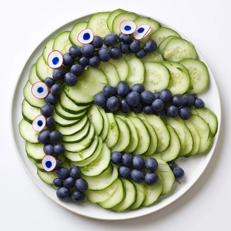 Cool, refreshing Peacock Tail appetizer, arranged with cucumbers and sweet grapes.