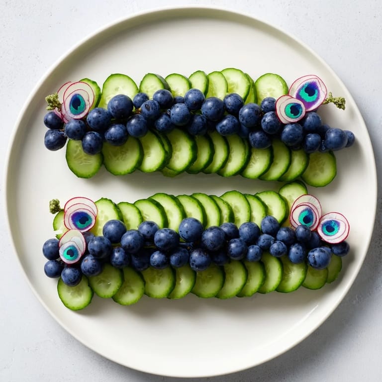 Visually stunning Peacock Tail, a vegetarian platter with radish "eye" details.
