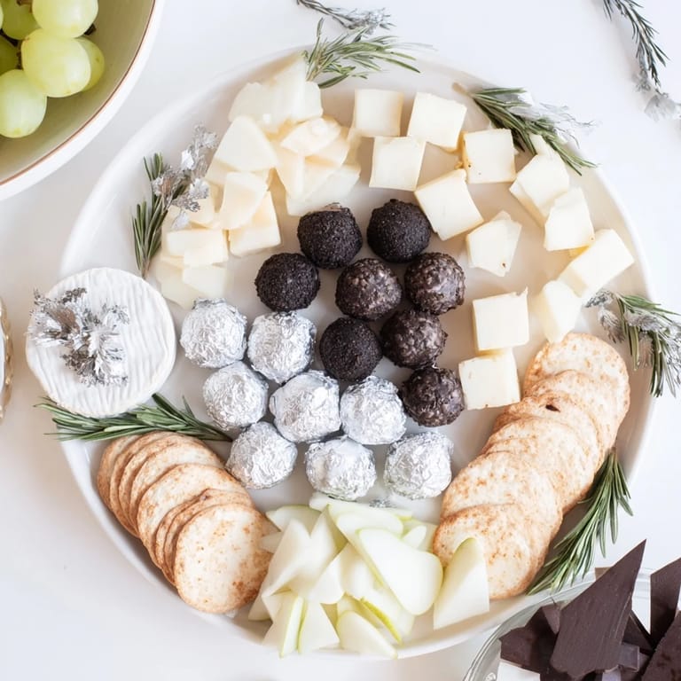 The elegant Silver Screen cheese board features creamy cheeses and silver-wrapped chocolates, ready to serve.