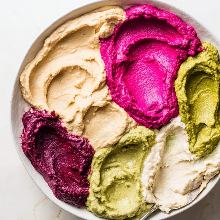 Vibrant marble swirl dip with easy-to-make hummus, great appetizer served with gluten-free crackers.