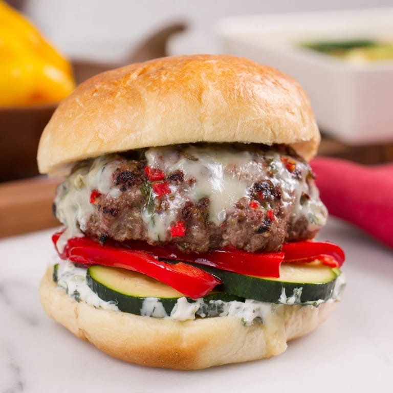 Close-up of a fully assembled Fire & Ice Burger, showcasing layers, and creamy yogurt dip on the side.