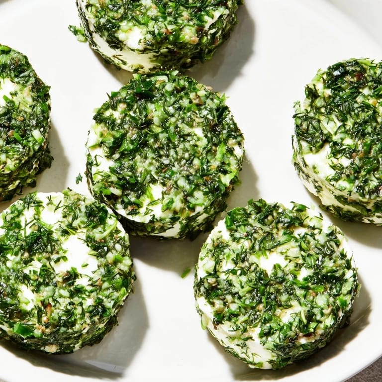 Fresh, creamy goat cheese "Mossy Stone" appetizer, rolled in herbs with a forest-like presentation.