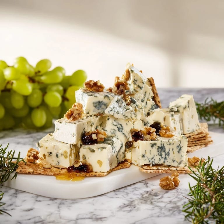"Explore The Blue Ridge Mountains: decadent blue cheeses with honey and walnuts on a crisp cracker spread."