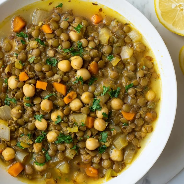 Close-up of a steaming bowl of Middle Eastern Lentil and Chickpea Stew, a hearty vegan delight.