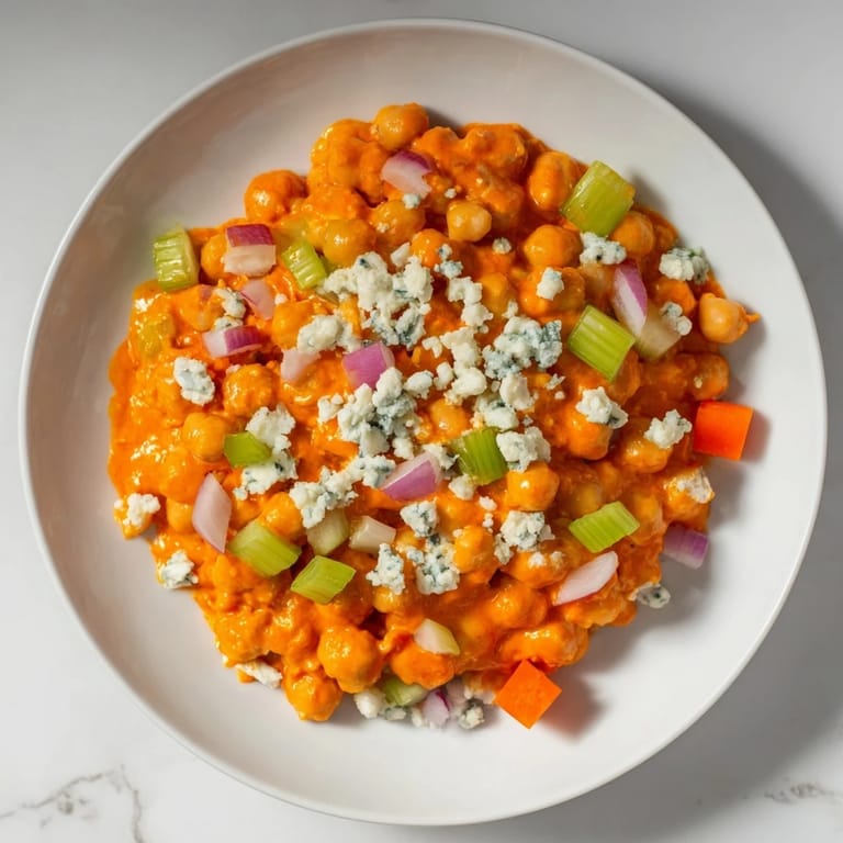 Spicy buffalo chicken bean salad tossed with vibrant carrots, celery, and a tangy buffalo sauce, ready to serve.