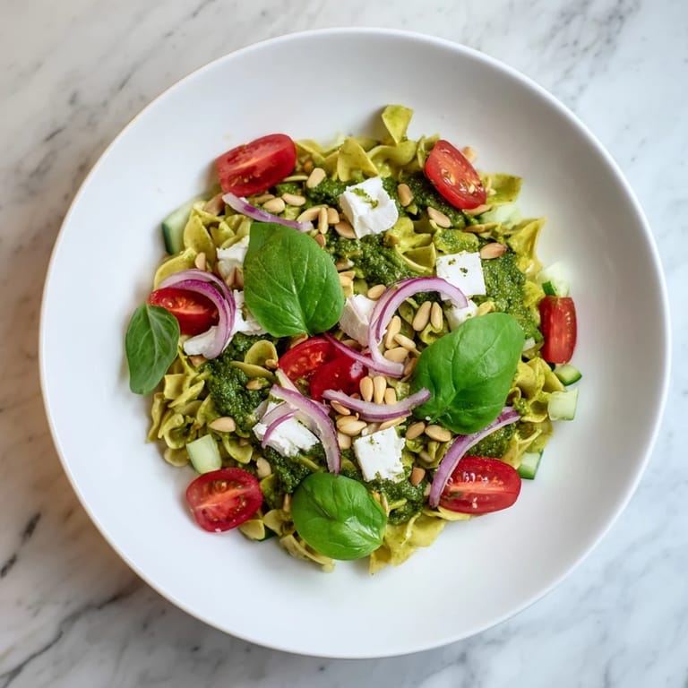 This pesto chickpea and spinach salad showcases bright red tomatoes and creamy chickpeas tossed in pesto.