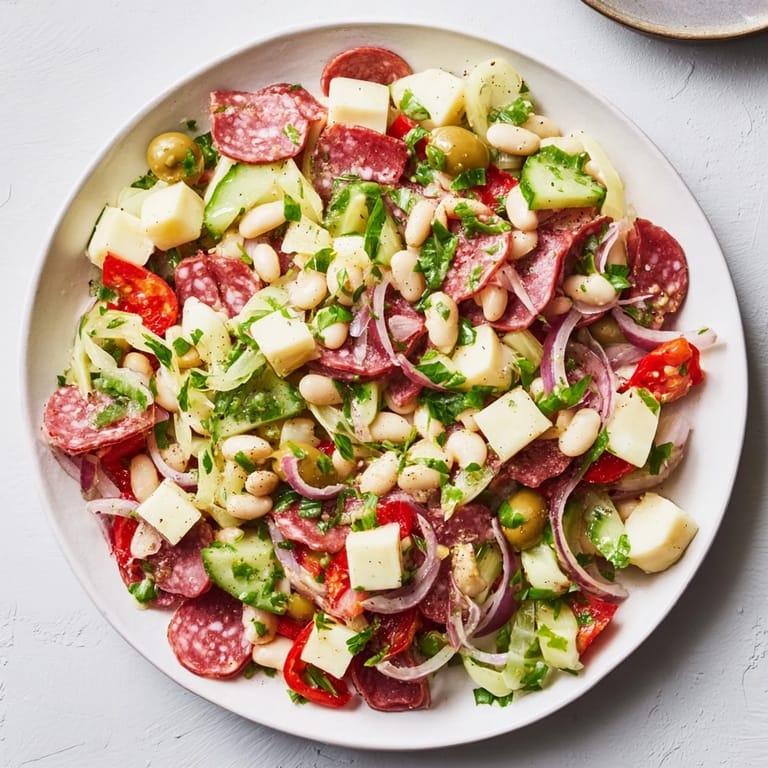 Italian Antipasto Bean Salad: A colorful bowl of chilled salad with salami, provolone, and fresh tomatoes.