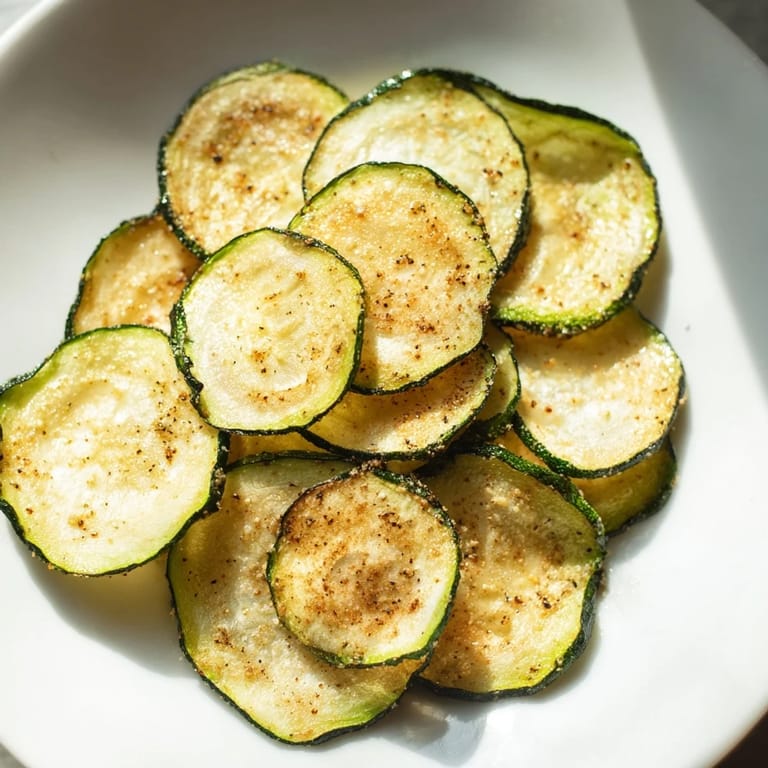 Freshly baked crispy zucchini chips, thin sliced, featuring a beautiful golden color and delightful textures.