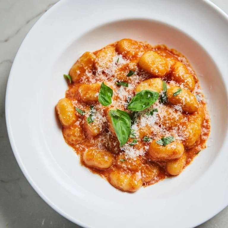 A close-up of creamy tomato gnocchi, showcasing the sauce's texture and pillowy pasta.