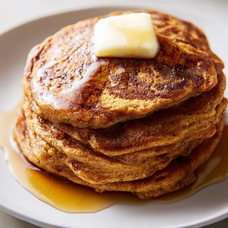 Close-up of freshly made Fluffy Pumpkin Spice Pancakes, showing a light and airy texture ready to eat.