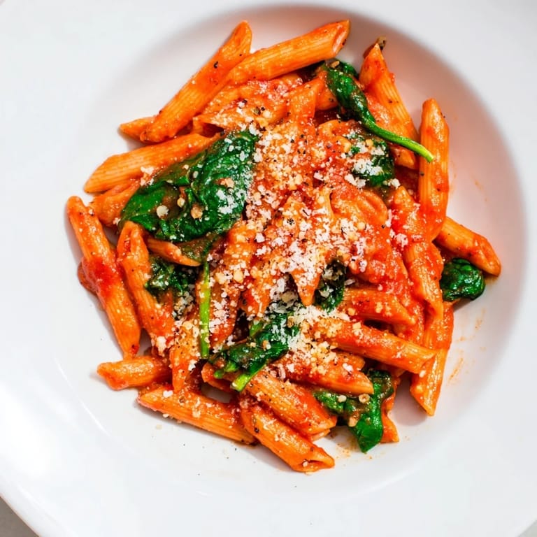 Delicious Quick Marinara Pasta with Spinach, ready to serve, a comforting Italian-American vegetarian meal.