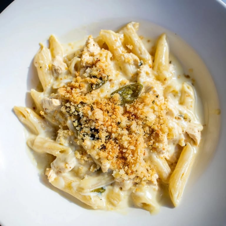 Creamy Jalapeño Popper Chicken Pasta, topped with golden breadcrumbs, ready for dinner tonight.