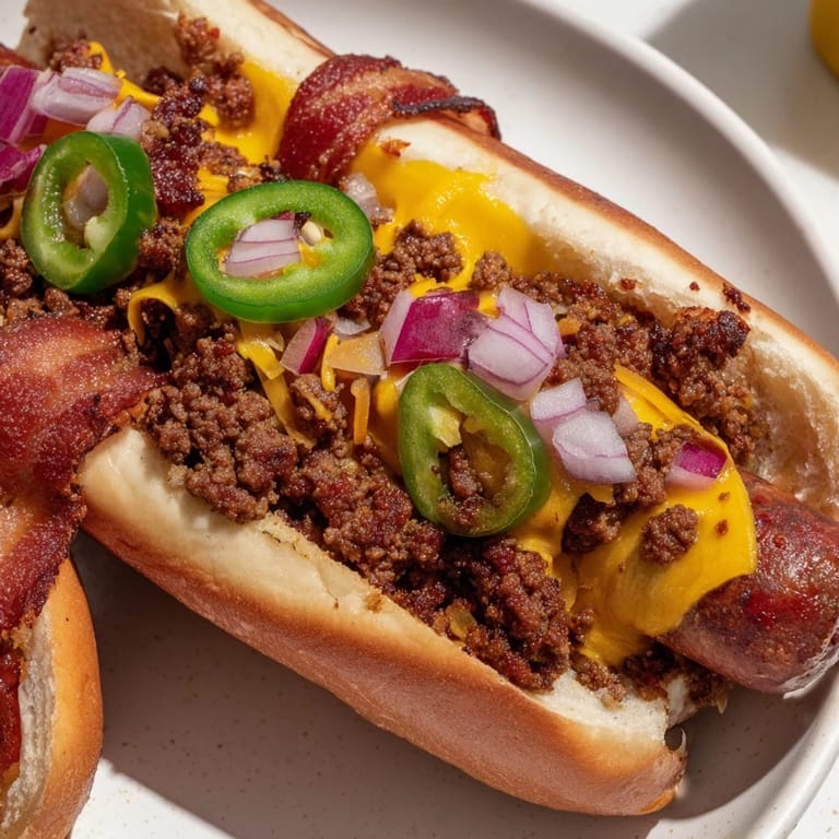 Close-up of freshly grilled Mexican Hot Dogs, sizzling and topped with vibrant jalapeños and cheese.