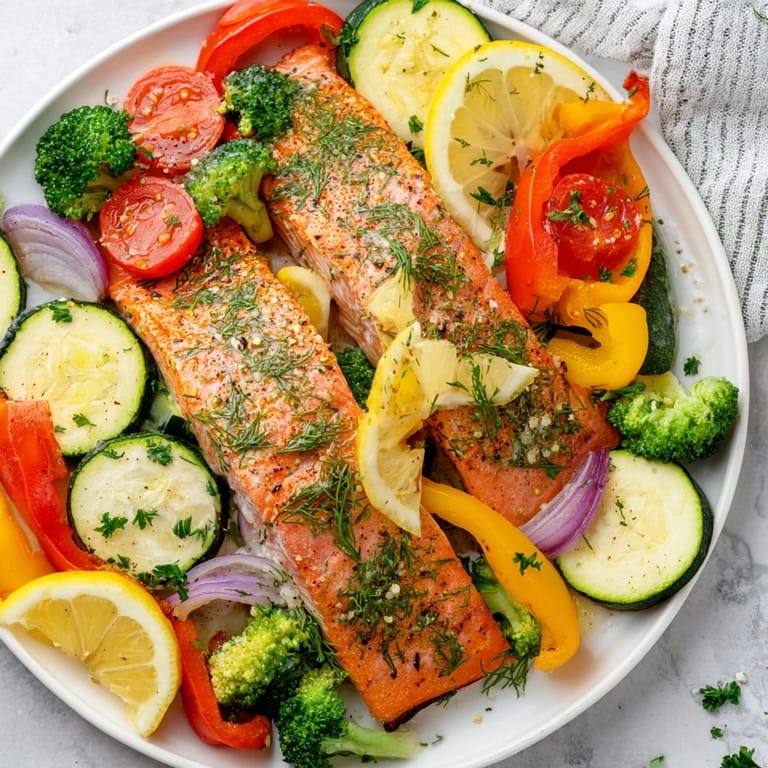 Vibrant Salmon Sheet Pan Bake, showcasing roasted salmon fillets and colorful vegetables ready to serve.