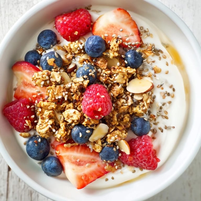 Ein appetitliches Foto von Trockene Joghurt Bowl, ideal mit einem Klecks Honig oder Ahornsirup.