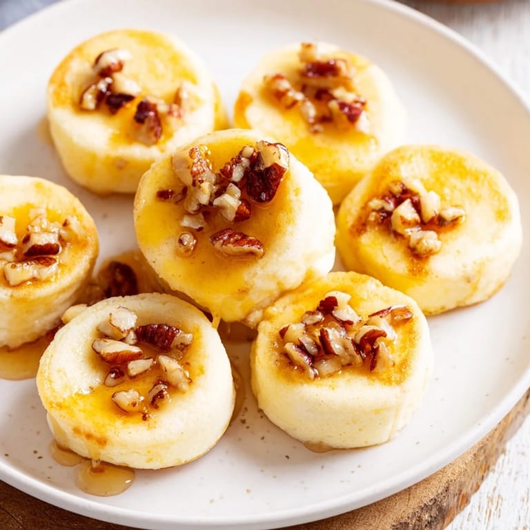 A close-up of warm, baked Pancake Brie Bites, showcasing the creamy brie center and fluffy pancake outside.