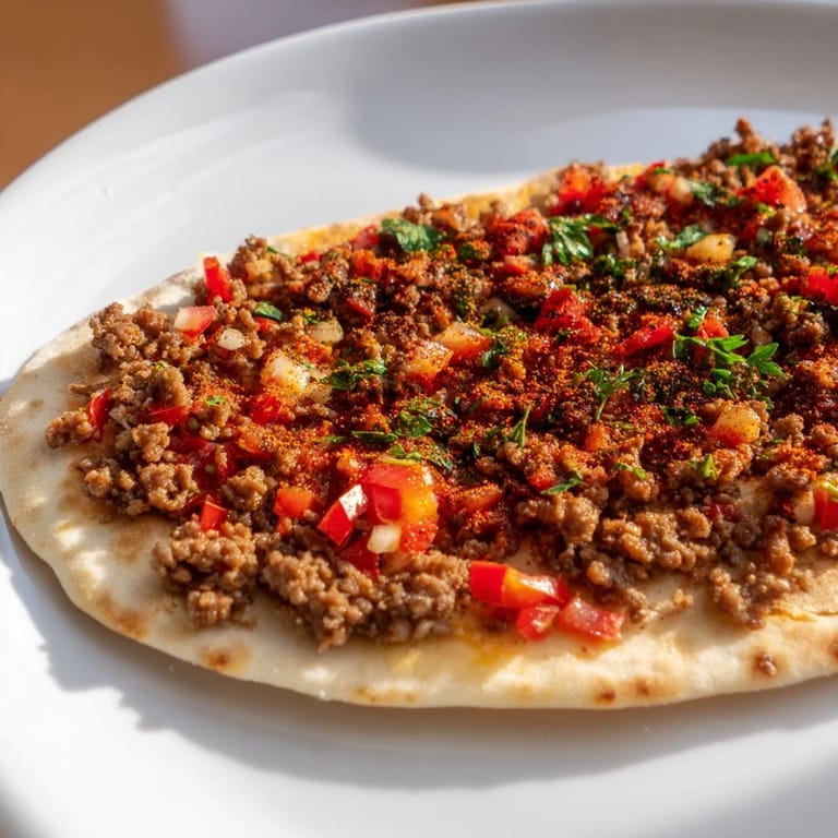 Ein Blick auf frisch gebackene Lahmacun, die dünnen Fladen mit einem würzigen Fleischtopping.