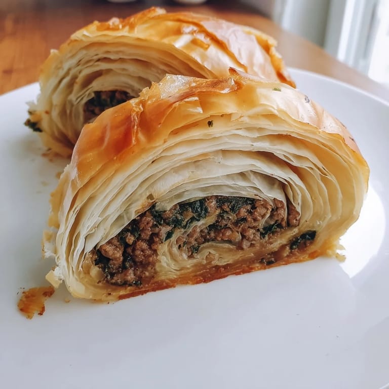 Savory Bosnian Burek, a Balkan pastry filled with seasoned beef and vegetables, ready to be enjoyed.