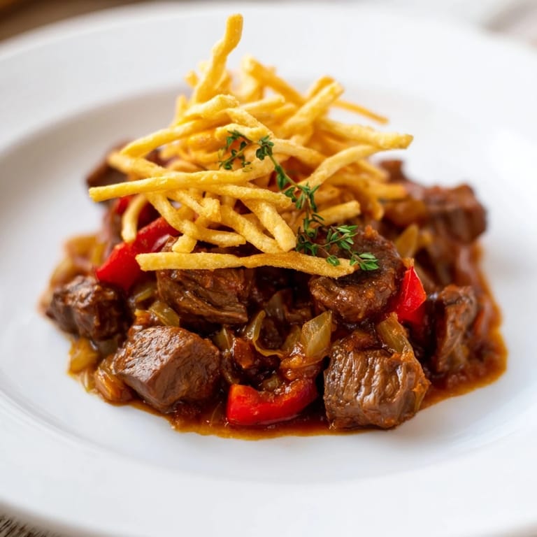 Close-up of Czech Goulash, showing thick, rich sauce with visible paprika spices, and crispy potato topping.