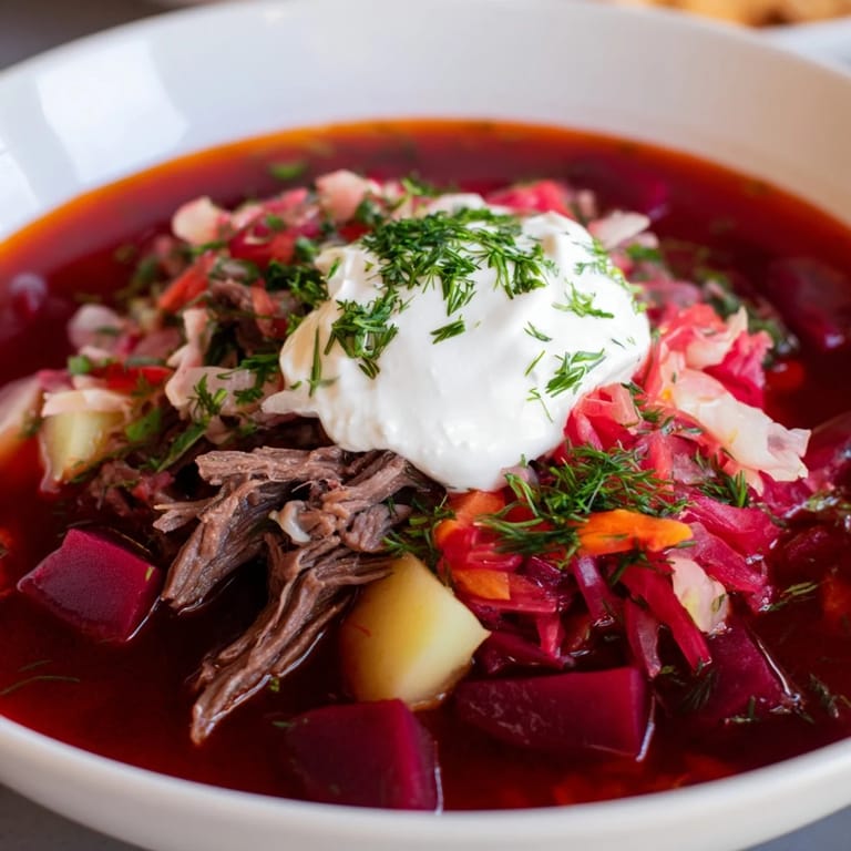 Hearty Ukrainian borscht soup, a vibrant, beet-based soup with tender beef and vegetables.