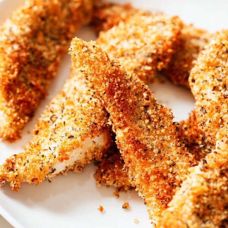 Goldene Crispy Panko Chicken Strips auf dem Blech mit frischen Kräutern und knuspriger Panade, ideal zu Pommes oder Salat.