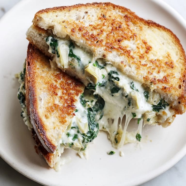 Ein knackiges Sauerteig-Sandwich mit geschmolzener Spinat-Artischocken-Füllung, serviert neben einer dampfenden Tomatensuppe.