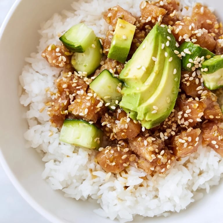 Genieße den Tuna Avocado Rice Bowl als schnelles, pescatarisches Abendessen mit Soja-Sesam-Dressing und Nori-Streuseln.