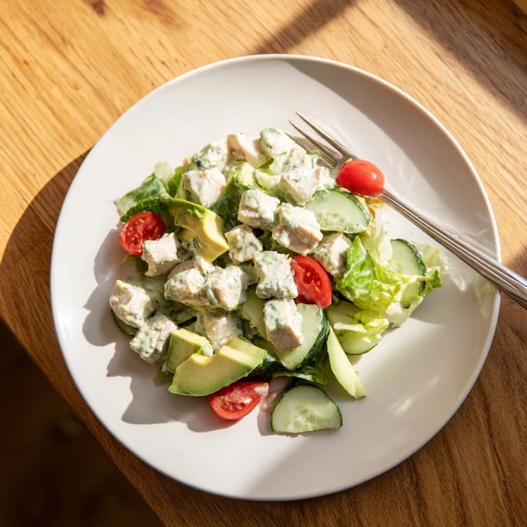 A vibrant platter of Green Goddess Chicken Salad with fresh herbs, cucumber, and avocado, perfect for a light, protein-packed meal.
