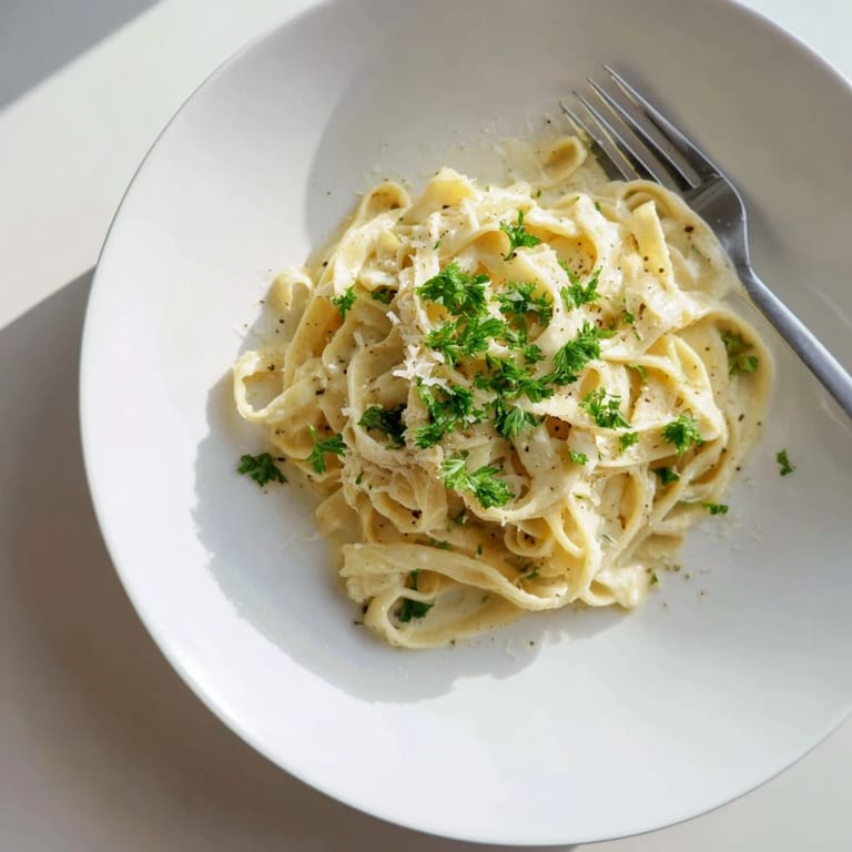 Close-up of golden roasted cauliflower and garlic blended into a silky Roasted Cauliflower Alfredo sauce, ready to toss with pasta.