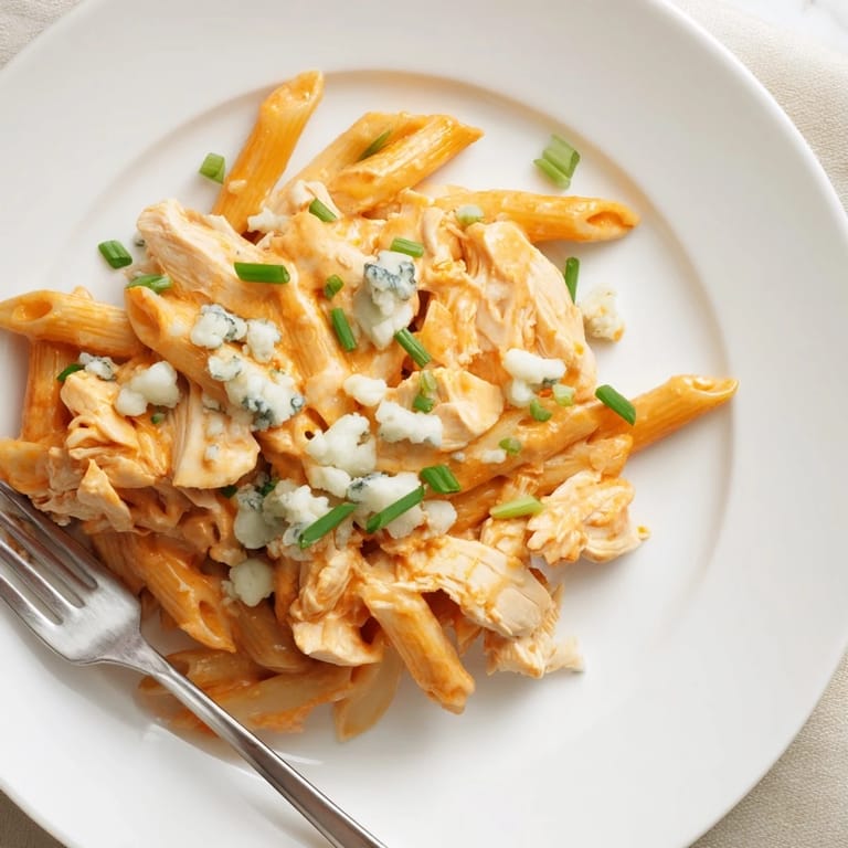 Plated Buffalo Chicken Pasta coated in spicy Buffalo sauce, melted mozzarella visible, alongside a cold lager for game day.
